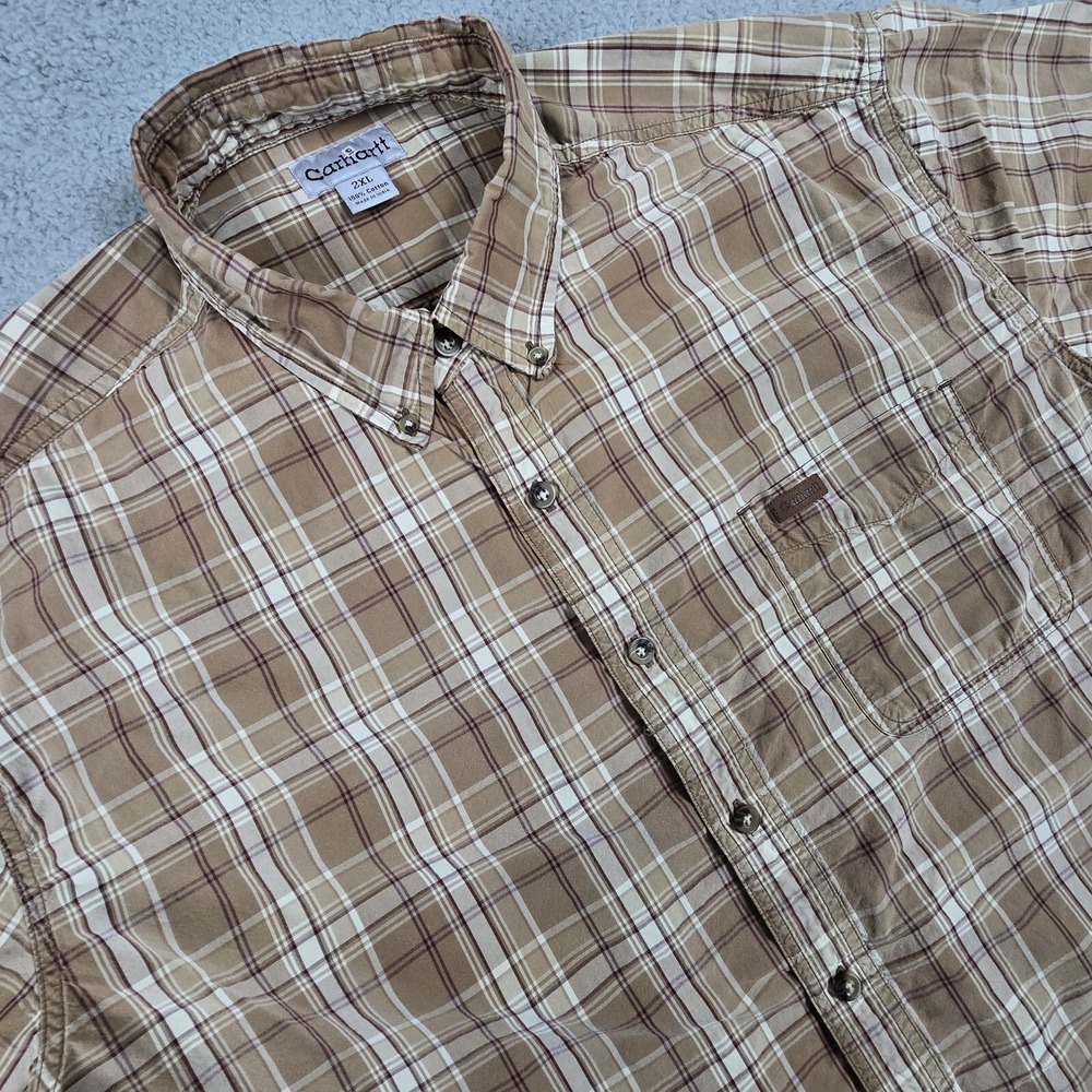Carhartt Shirt Mens 2XL Brown Plaid Short‎ Sleeve Workwear Button Up XXL - Picture 2 of 13